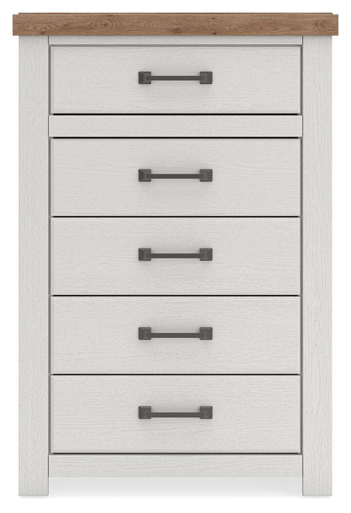 Benchcraft Savonport five-drawer accent chest in white and brown wood finish, showcasing its sleek design and ample storage drawers.