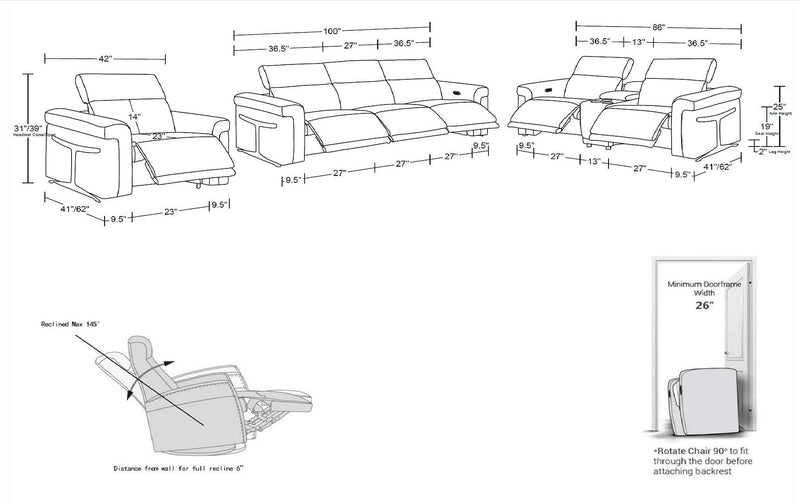 1126 - 7-Piece Modular Power Reclining Sofa, Loveseat & Chair Set In With 6 Power Recliners & Power Headrests