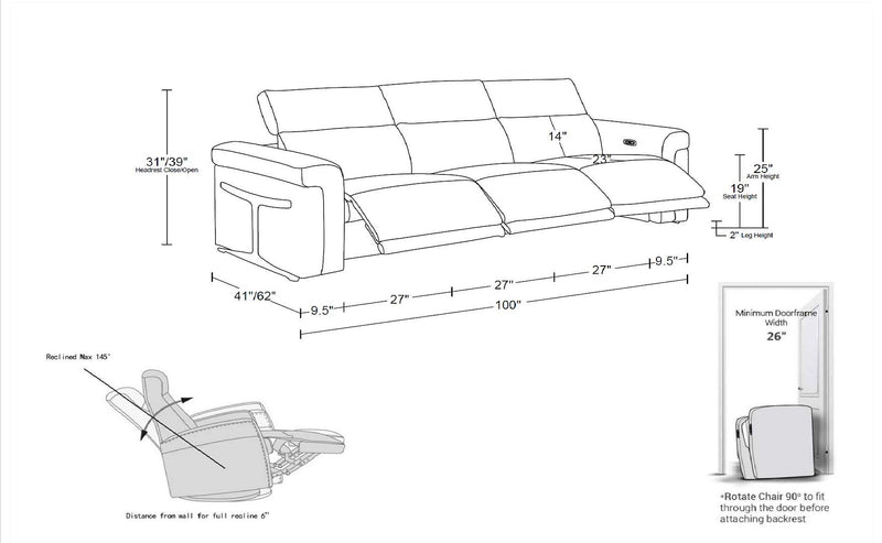 1126 - 3-Piece Modular Power Reclining Sofa In With 3 Power Recliners & Power Headrests