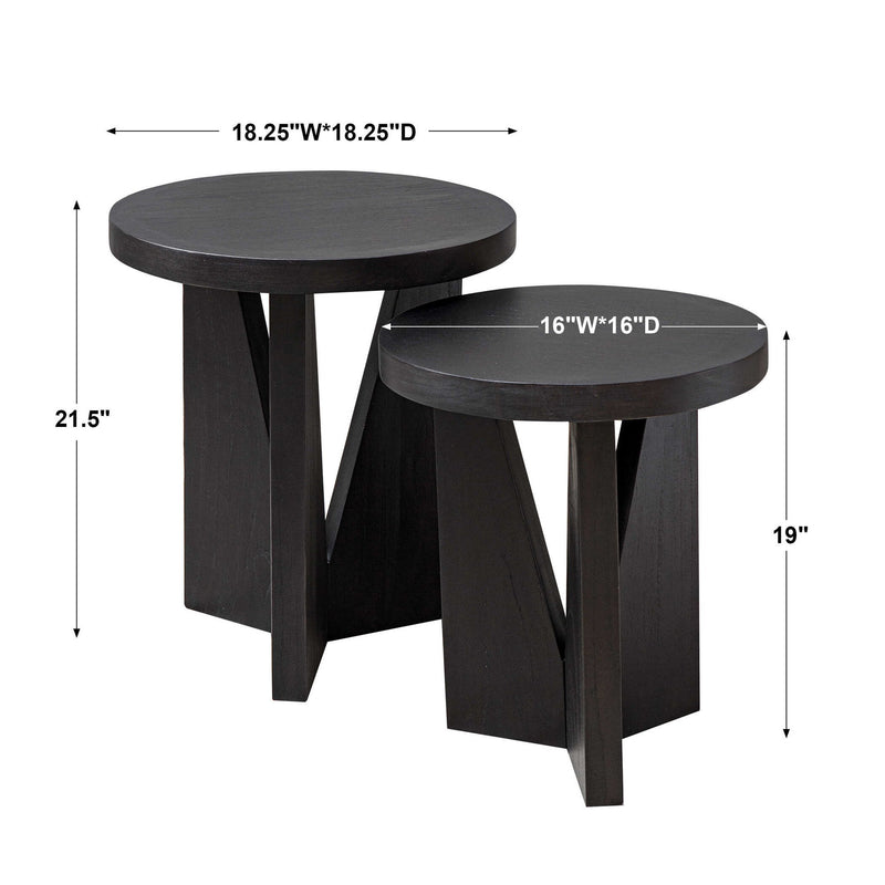 Pair of Uttermost Nadette nesting tables with sleek wooden tops and modern metal legs, set of 2 for versatile living room decor.