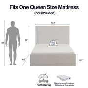 House & Home Furniture Lucas tall upholstered headboard on bed, beige fabric with cushioned design, modern bedroom decor.
