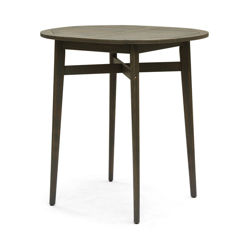 Outdoor acacia wood bar table with slat top by Noble House, showcasing a sturdy, natural finish and slatted tabletop design.