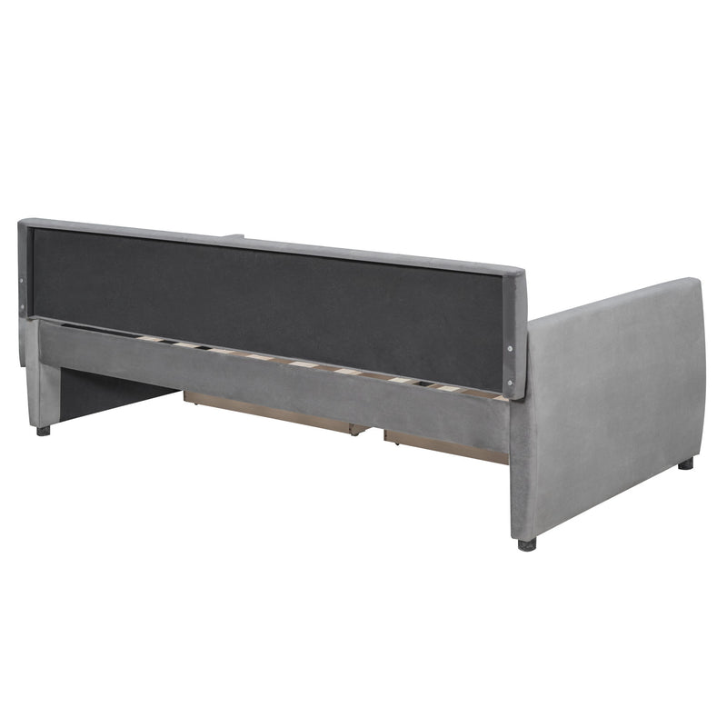 DreamHaus upholstered daybed with slat support and storage beds design, featuring a plush fabric-upholstered frame and built-in storage drawers.