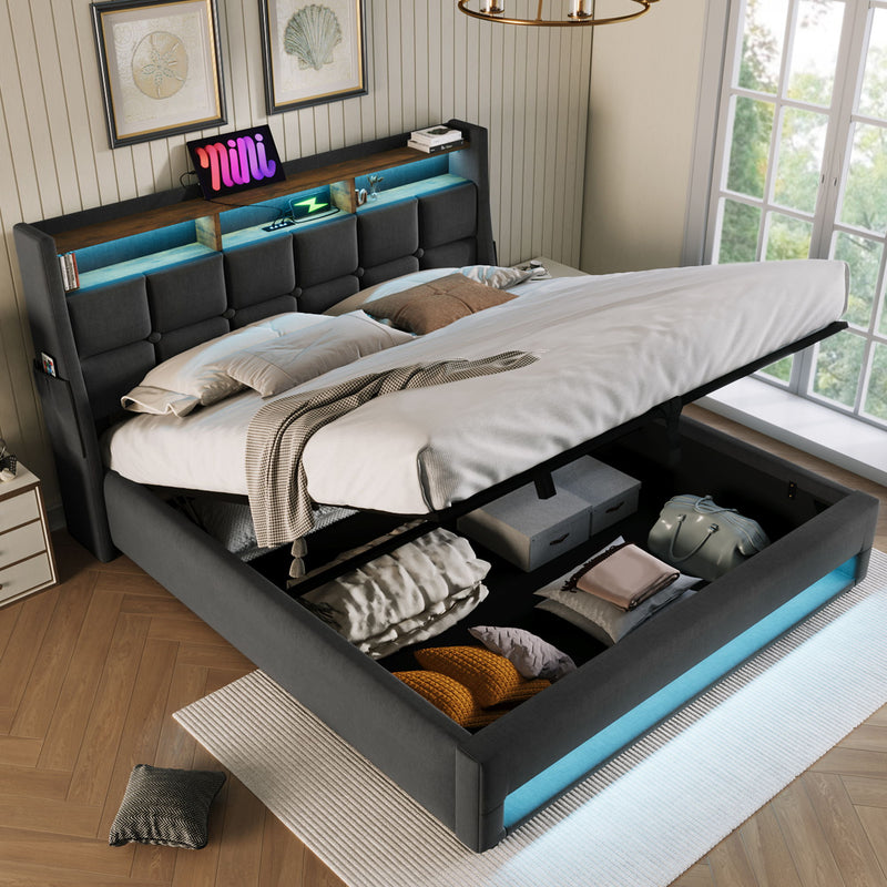 Artistry At Home upholstered platform bed with hydraulic storage, LED lighting, and USB charging ports, without mattress.