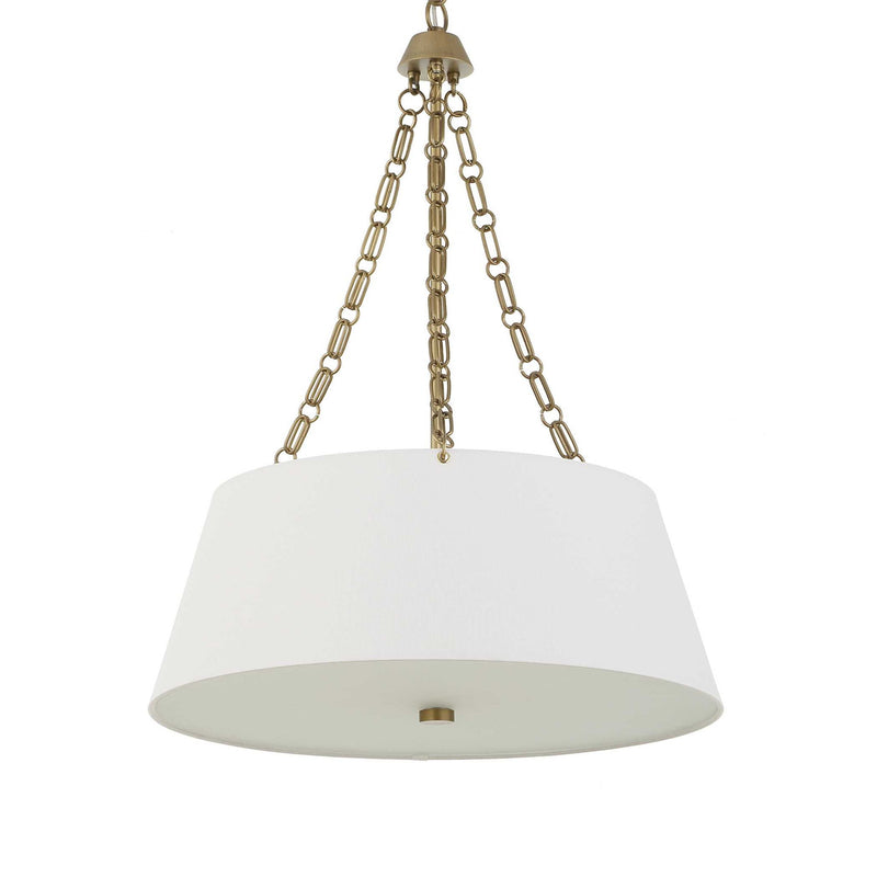 Uttermost Andalucia 4-Light Drum Pendant in gold and white with sleek drum-shaped shades hanging from a modern fixture.