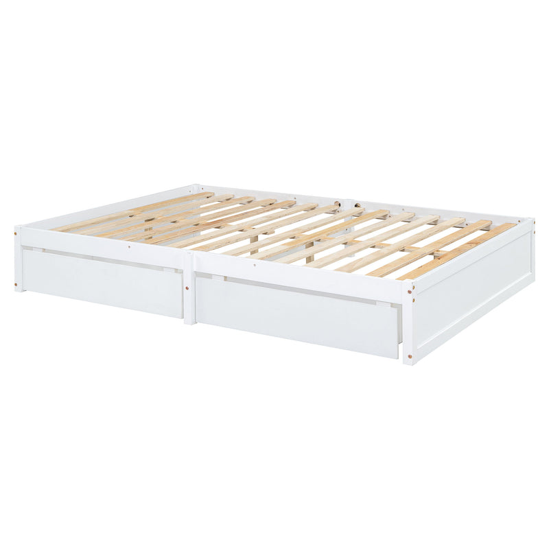 DreamHaus storage daybed with fence guardrails and two drawers, shown split into independent floor bed and daybed configuration.