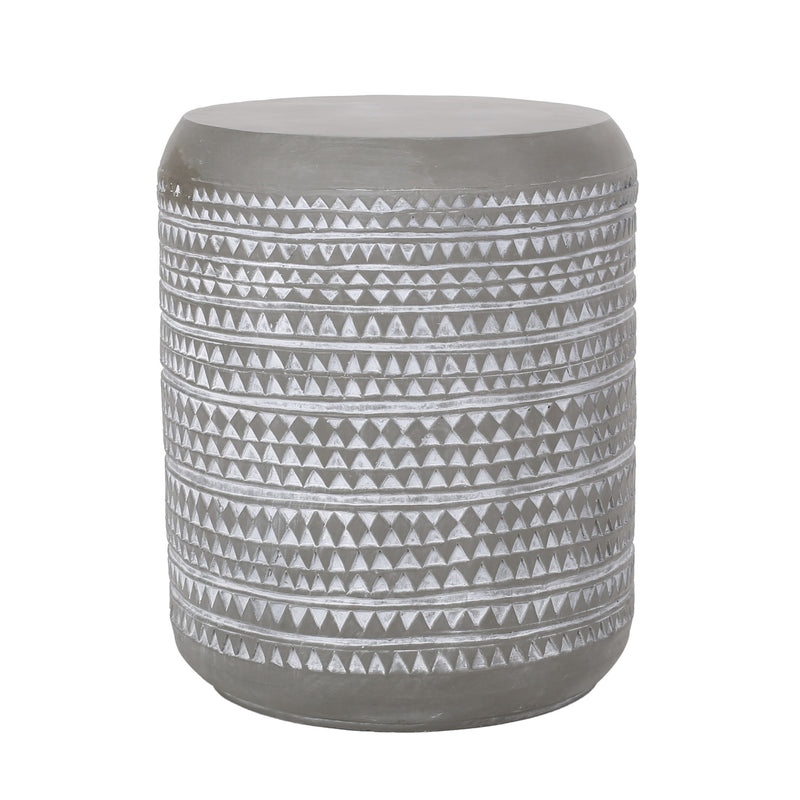 White outdoor side table with a cylindrical shape by Noble House, ideal for patio or garden seating areas.