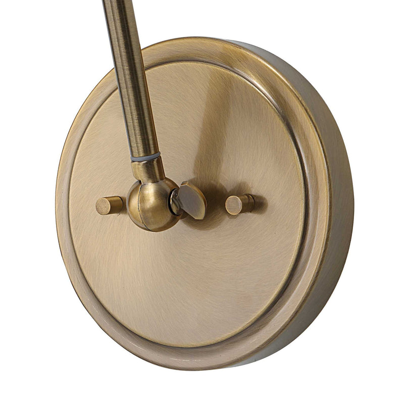 Uttermost Exeter 1 Light Adjustable Gold Sconce with modern design, featuring a sleek gold finish and adjustable arm.