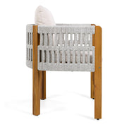 Set of two Noble House outdoor dining chairs with woven seats and mix rope handle accents for patio or garden use.