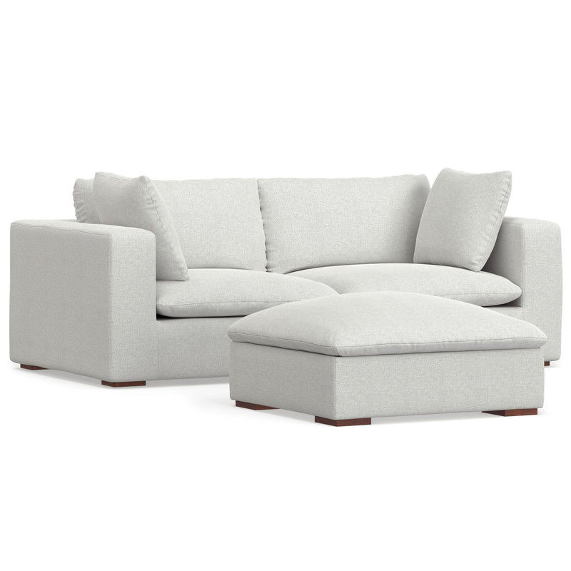 Handcrafted Jasmine sofa and ottoman set from Simpli-Home, 2-piece living room furniture with plush cushions and wooden legs.