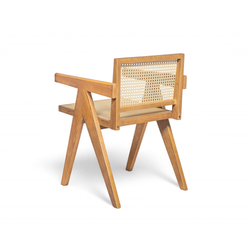 Pair of Noble House Chandigarh arm dining chairs with natural cane seats and wooden frames, set of two, modern and stylish design