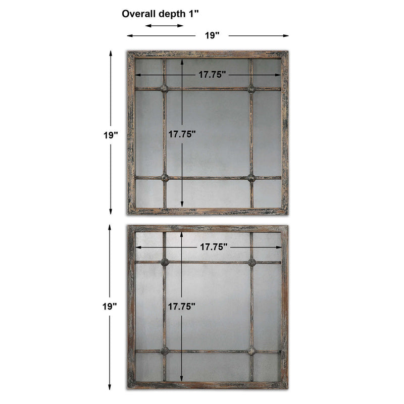 Set of two Uttermost Saragano square wall mirrors with light brown frames, perfect for modern home decor.