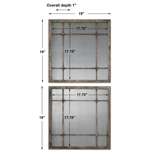 Set of two Uttermost Saragano square wall mirrors with light brown frames, perfect for modern home decor.
