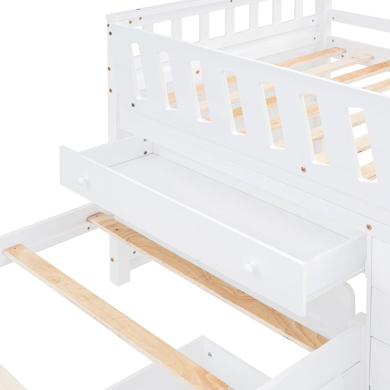 DreamHaus loft platform bed with seven drawers, full guardrails, and modern L-shaped design for space-saving bedroom storage.