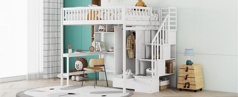 DreamHaus loft bed with integrated bookshelf, drawers, desk, and wardrobe, featuring a modern wood finish and functional design.