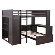 DreamHaus loft bed with twin size standalone bed, shelves, desk, and wardrobe in a modern bedroom setting.
