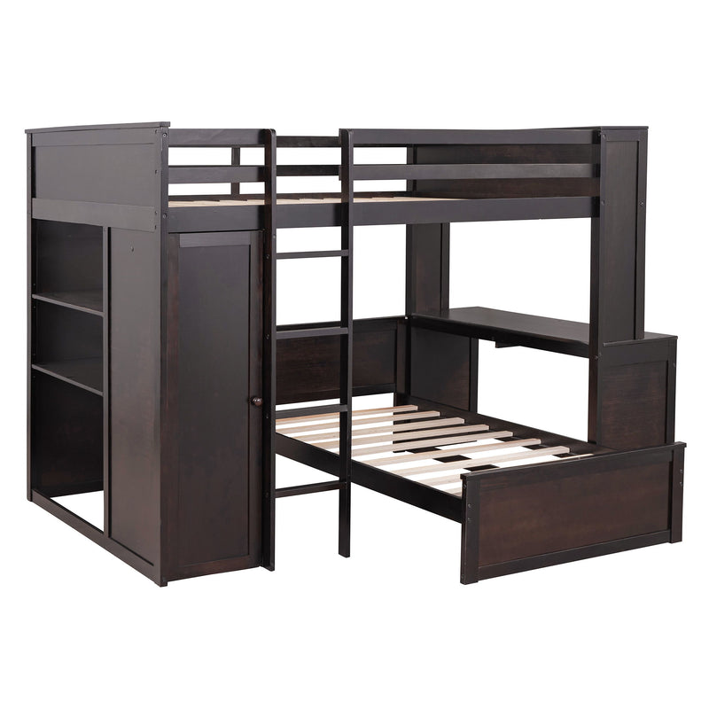 DreamHaus loft bed with twin size standalone bed, shelves, desk, and wardrobe in a modern bedroom setting.