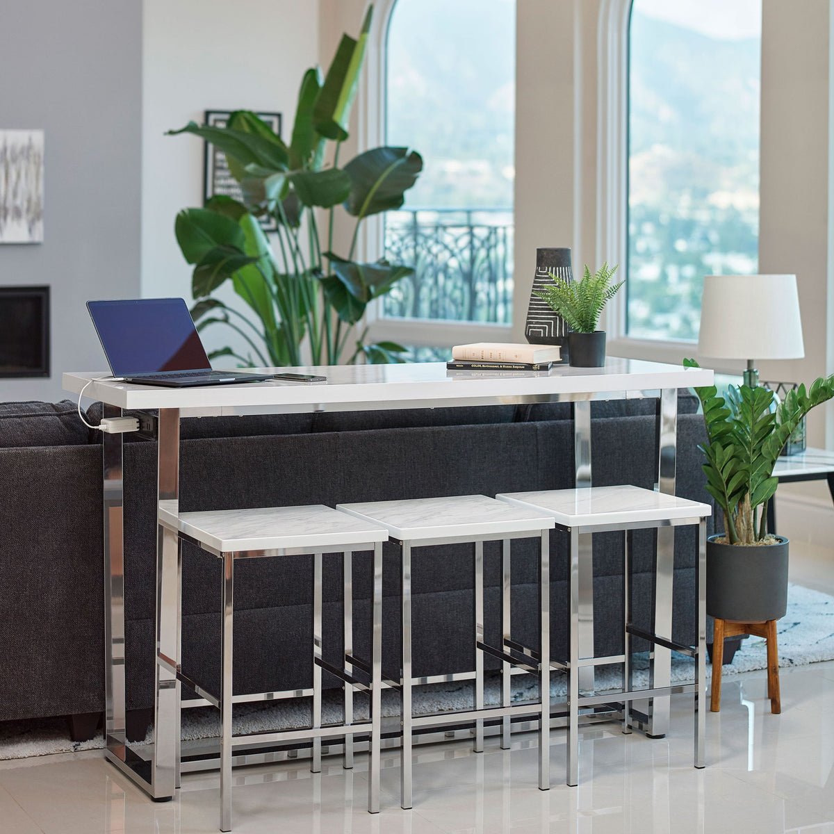 Ledesma - 4 Piece Counter Height Dining Set And Built In Power Unit - White Marble