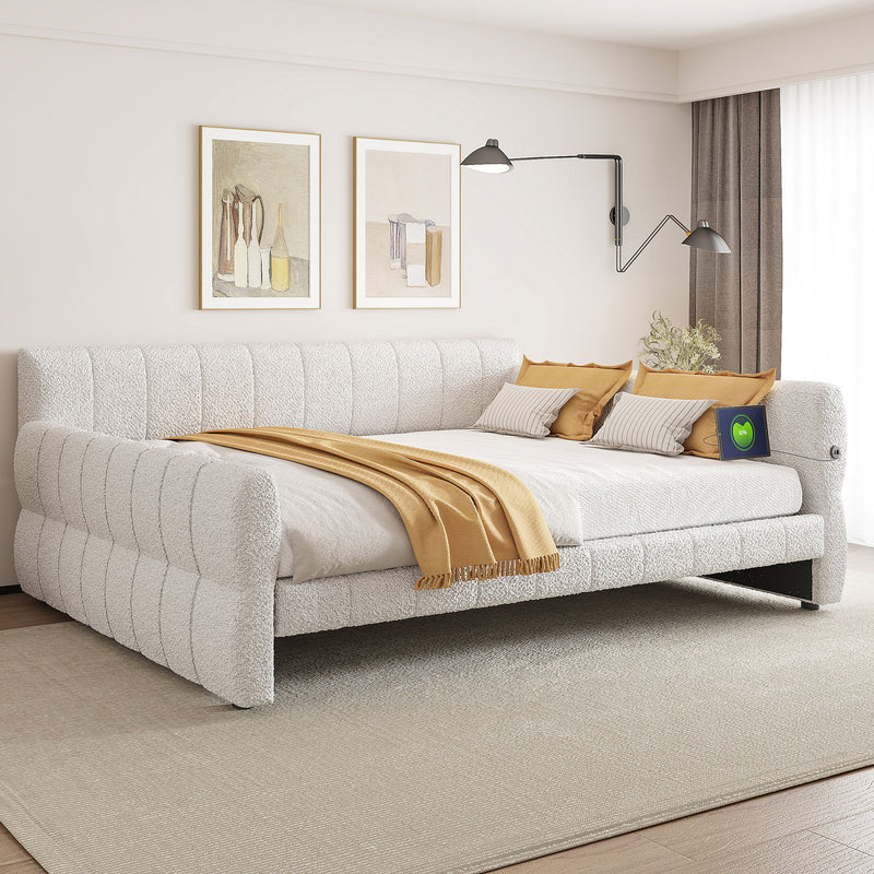 Dreamland upholstered storage platform bed with USB charging ports, featuring a plush headboard and modern design.