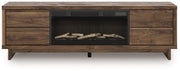 Signature Design by Ashley Zadilyn TV stand with built-in fireplace, featuring wood finish and modern storage compartments.