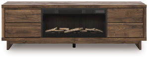 Signature Design by Ashley Zadilyn TV stand with built-in fireplace, featuring wood finish and modern storage compartments.