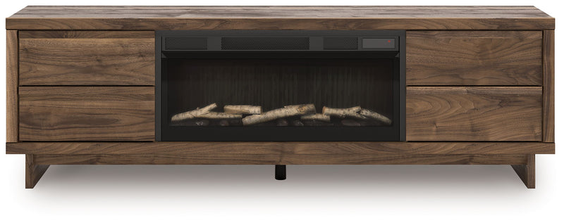 Signature Design by Ashley Zadilyn TV stand with built-in fireplace, featuring wood finish and modern storage compartments.