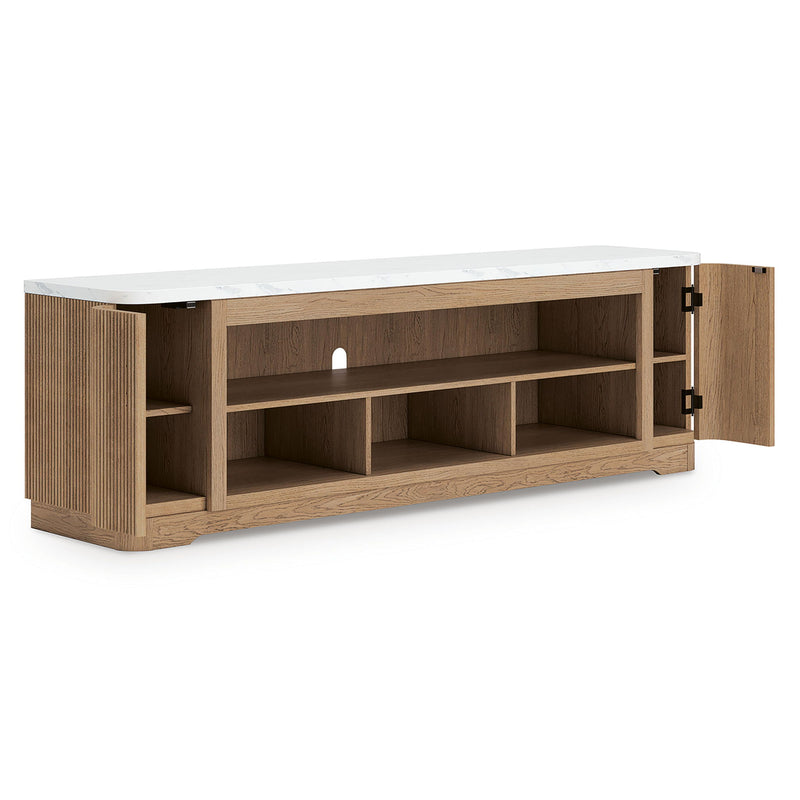Light brown Camdill XL TV stand with fireplace option from Signature Design by Ashley, featuring open shelves and cabinet storage.