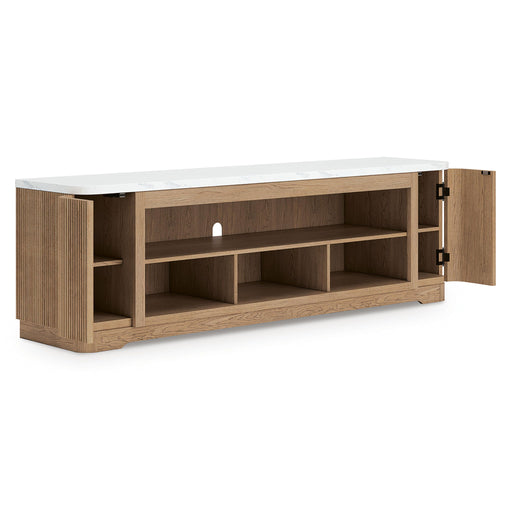 Light brown Camdill XL TV stand with fireplace option from Signature Design by Ashley, featuring open shelves and cabinet storage.