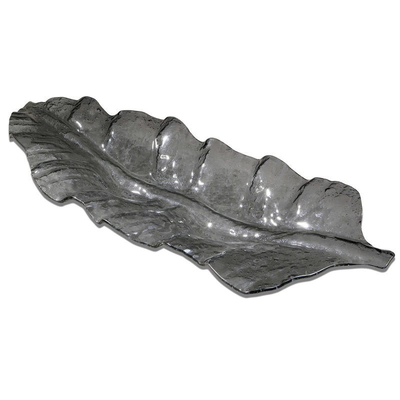 Dark gray glass tray with smoked leaf design by Uttermost, perfect for stylish home decor or serving.