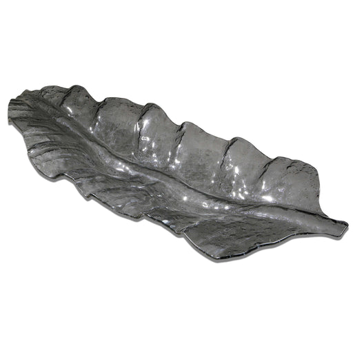 Dark gray glass tray with smoked leaf design by Uttermost, perfect for stylish home decor or serving.