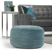 Simpli-Home Vivienne upholstered round accent pouf with soft fabric and plush cushioning, ideal for living room or bedroom decor.