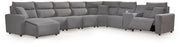 Signature Design by Ashley Modmax II reclining sectional in salt and pepper fabric, showing the sectional sofa with multiple reclining seats.