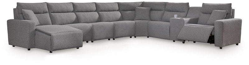 Signature Design by Ashley Modmax II reclining sectional in salt and pepper fabric, showing the sectional sofa with multiple reclining seats.