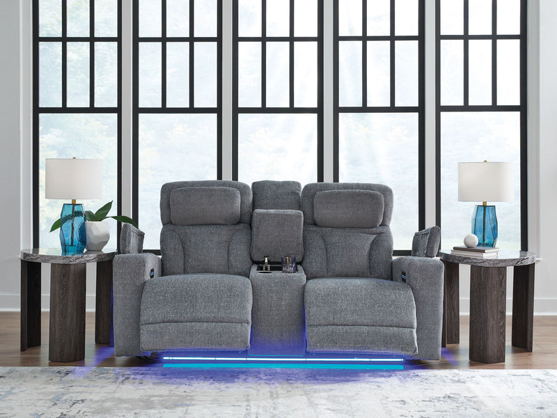 Studio Cave - Power Reclining Loveseat with Console - Steel - R&R Furniture Gallery (Fountain Valley, CA)