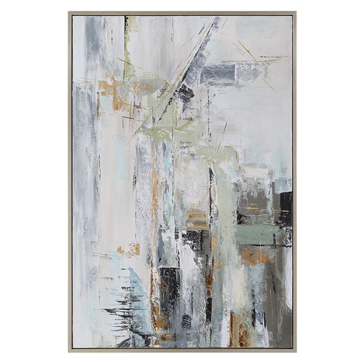 Hand painted canvas art "Natural Springs" by Uttermost featuring pearl silver accents, showcasing abstract nature-inspired design.
