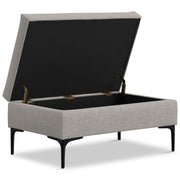 Simpli-Home Rebecca storage ottoman with lift-up lid, multifunctional coffee table and hidden storage, in a modern living room setting.
