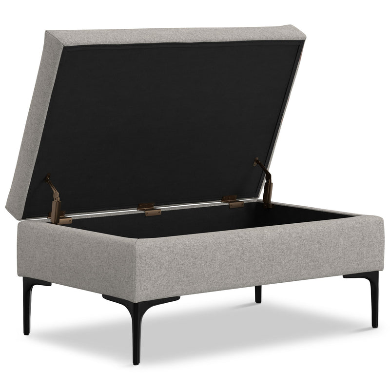 Simpli-Home Rebecca storage ottoman with lift-up lid, multifunctional coffee table and hidden storage, in a modern living room setting.