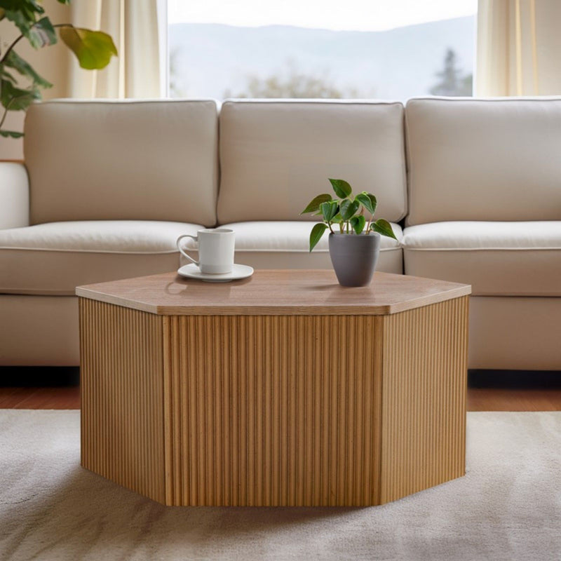 Hexagon Coffee Table With Fluted Design - Natural - R&R Furniture Gallery (Fountain Valley, CA)
