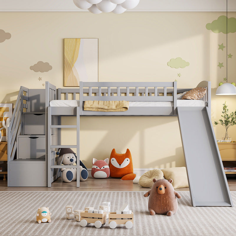 DreamHaus loft stairway bed with two drawers, convertible ladder, and slide, featuring a wooden frame and playful design for kids.