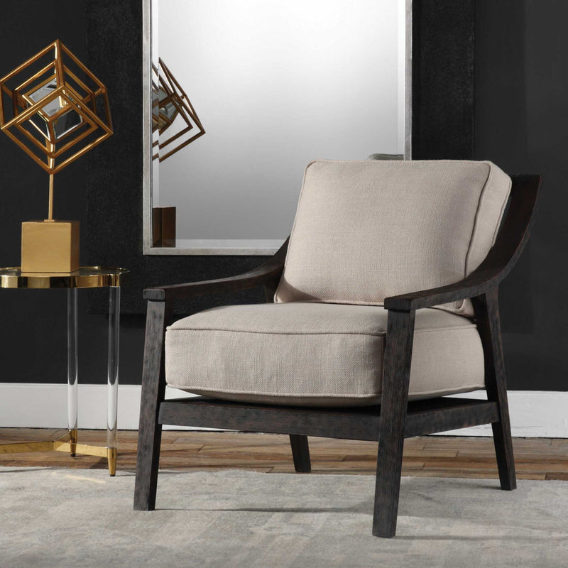 Uttermost Lyle beige accent arm chair with plush upholstery and wooden legs, stylish and comfortable for living room decor.