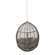 Noble House Morris Teardrop hanging chair with chain and water-resistant cushions, showcasing its cozy, stylish outdoor seating design.