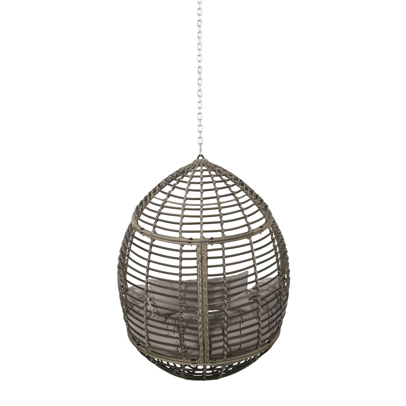 Noble House Morris Teardrop hanging chair with chain and water-resistant cushions, showcasing its cozy, stylish outdoor seating design.