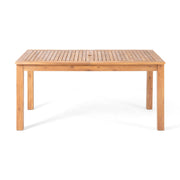 Expandable outdoor dining table with square legs by Noble House, showing the sleek wood surface and adjustable size for outdoor meals.