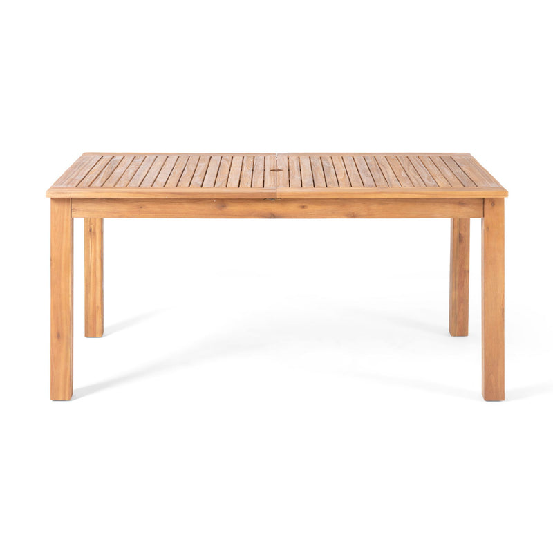 Expandable outdoor dining table with square legs by Noble House, showing the sleek wood surface and adjustable size for outdoor meals.