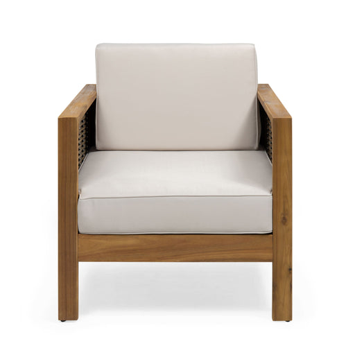 Noble House outdoor acacia wood arm chair with wicker accents, featuring a comfortable seat and stylish design for patio seating.