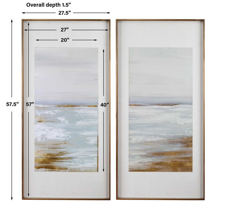 Uttermost Coastline framed prints set of 2 featuring light brown ocean landscape artwork in stylish frames.