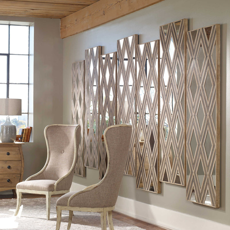 Uttermost Tahira wall mirror with geometric argyle pattern, light brown frame, decorative modern design for wall display.