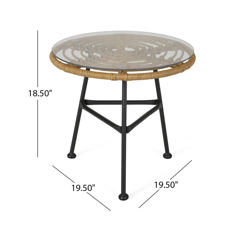 Noble House Petrichor outdoor side table with tempered glass top and steel frame, ideal for patio or garden setup.