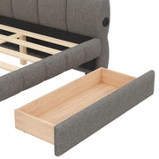 Dreamland upholstered platform bed with built-in USB charging ports and two spacious storage drawers, modern bedroom furniture.