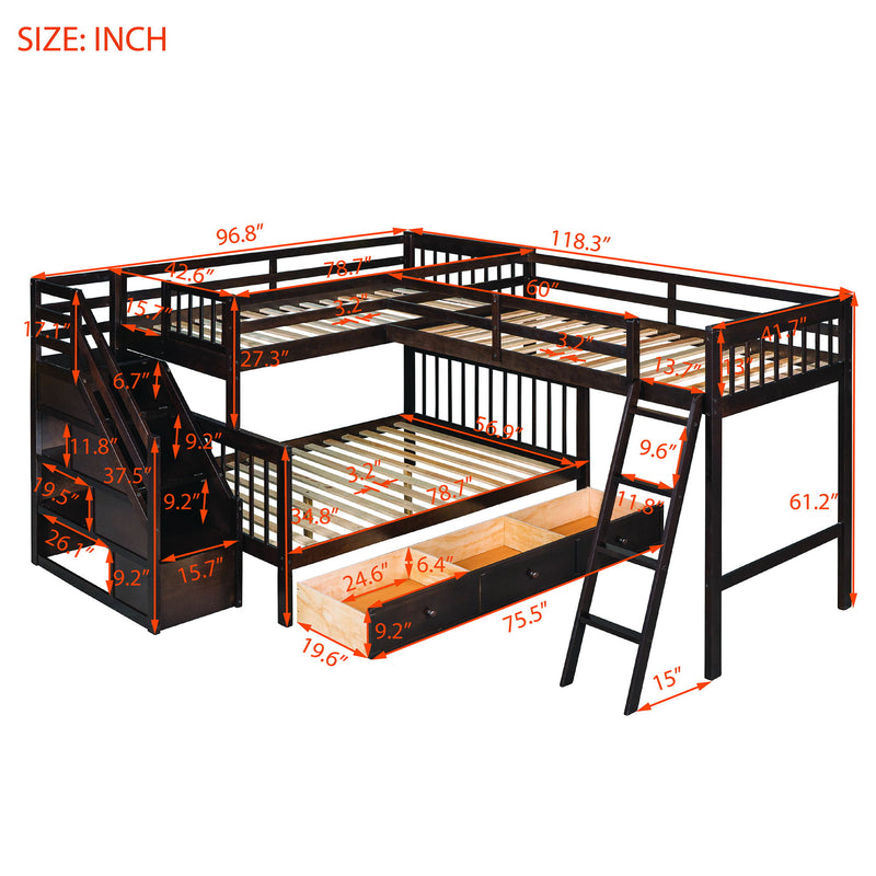 Solid L Shaped Bunk Bed With 3 Drawers, Ladder And Staircase - R&R Furniture Gallery (Fountain Valley, CA)